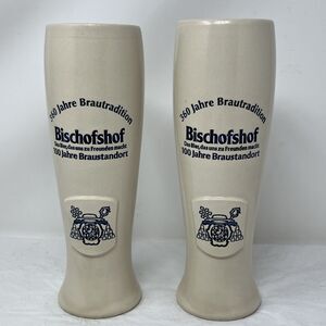 Vintage BISCHOFSHOF Beer Mug Germany Stein ~10” Tall SET OF 2 Stoneware